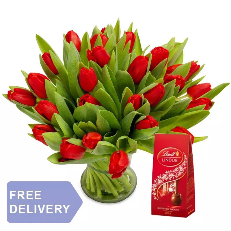 50 Tulipanów Czerwonych z czekoladkami